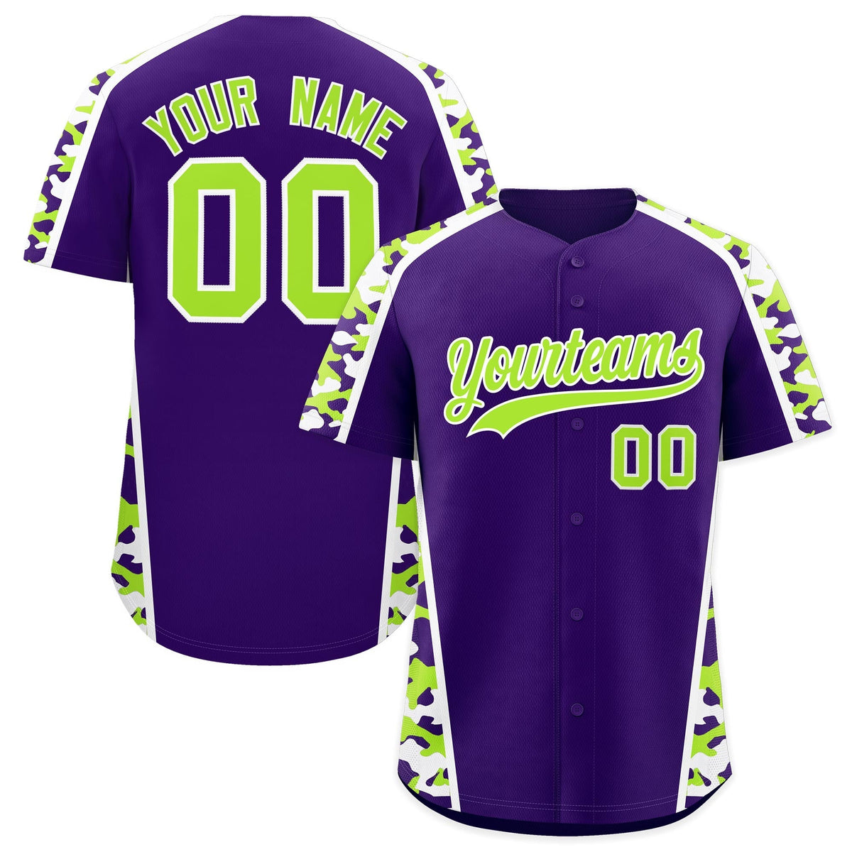 Custom Purple Neon Green Side Camo Style Personalization Baseball Jersey| KXKSHOP