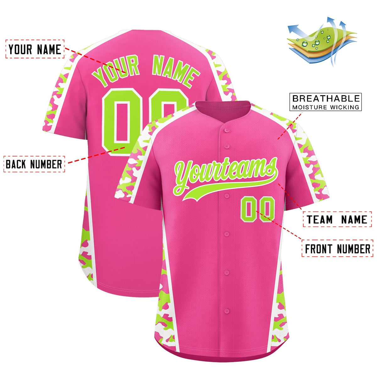 Custom Pink Neon Green Side Camo Style Personalization Baseball Jersey| KXKSHOP