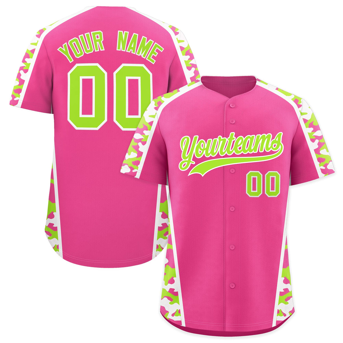 Custom Pink Neon Green Side Camo Style Personalization Baseball Jersey| KXKSHOP