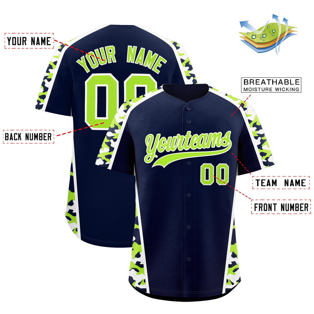 Custom Navy Neon Green Side Camo Style Personalization Baseball Jersey| KXKSHOP