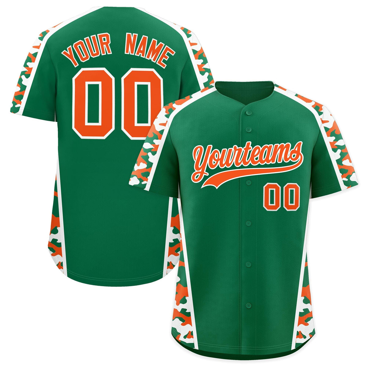 Custom Kelly Green Orange Side Camo Style Personalization Baseball Jersey| KXKSHOP