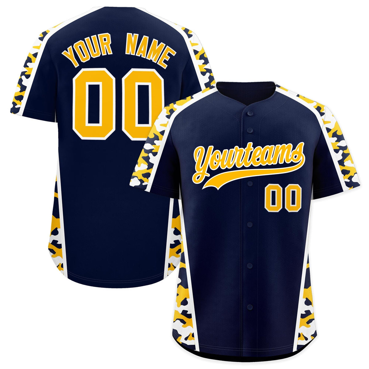 Custom Navy Yellow Side Camo Style Personalization Baseball Jersey| KXKSHOP