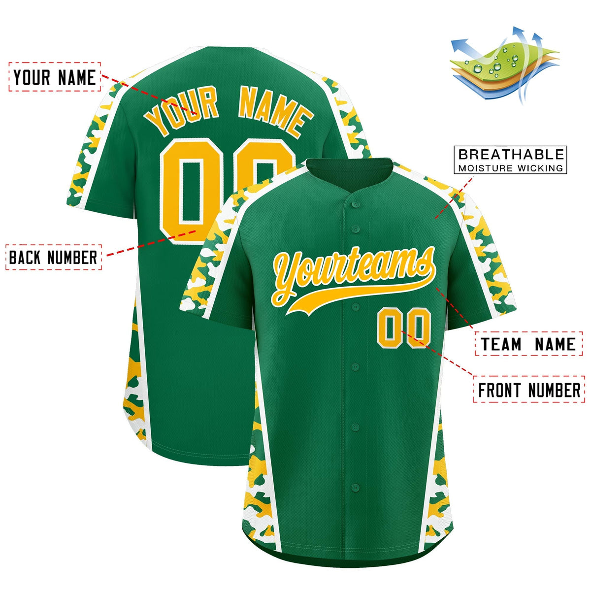 Custom Kelly Green Yellow Side Camo Style Personalization Baseball Jersey| KXKSHOP