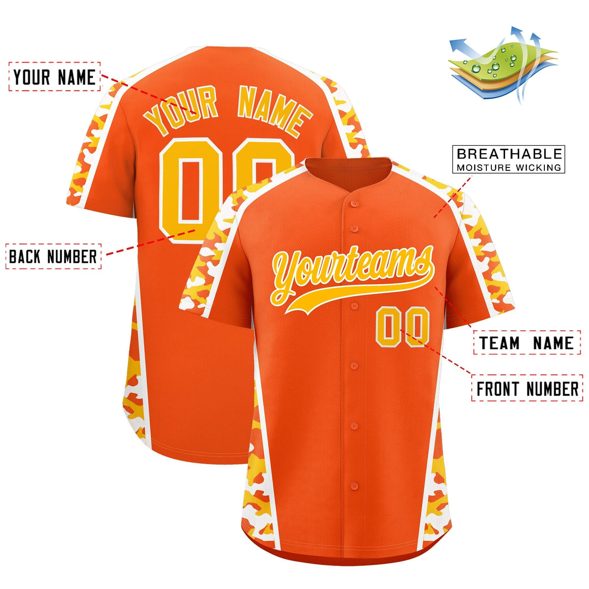 Custom Orange Yellow Side Camo Style Personalization Baseball Jersey| KXKSHOP
