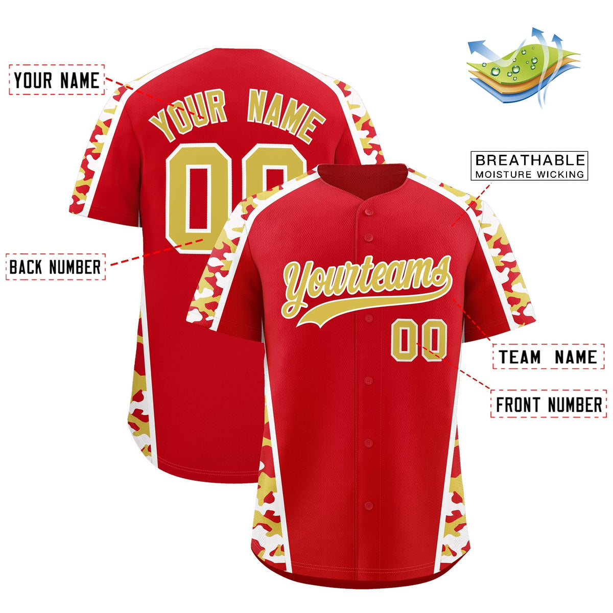 Custom Red Old Gold Side Camo Style Personalization Baseball Jersey| KXKSHOP