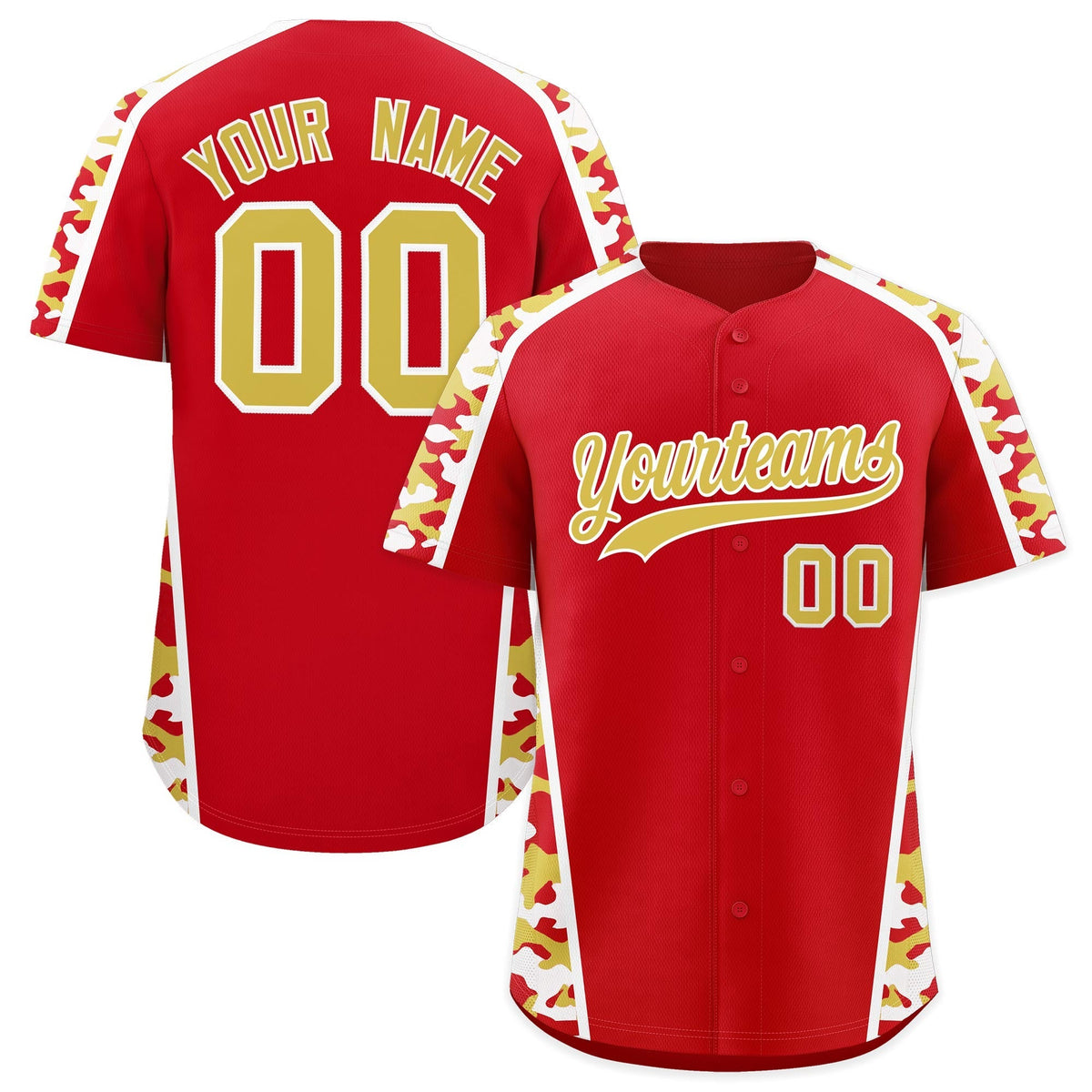Custom Red Old Gold Side Camo Style Personalization Baseball Jersey| KXKSHOP