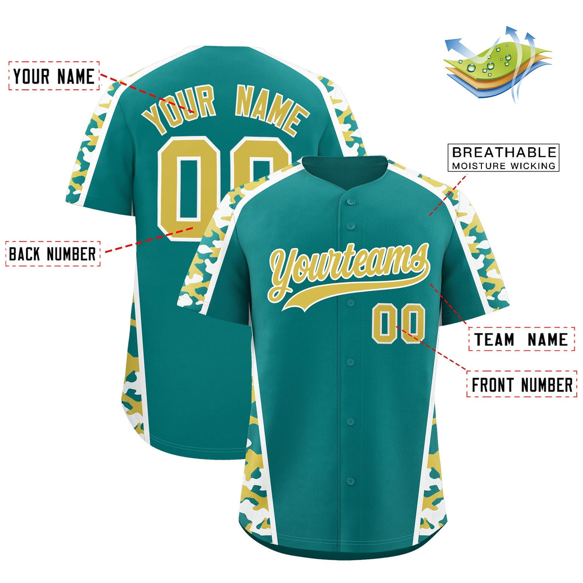 Custom Teal Old Gold Side Camo Style Personalization Baseball Jersey| KXKSHOP