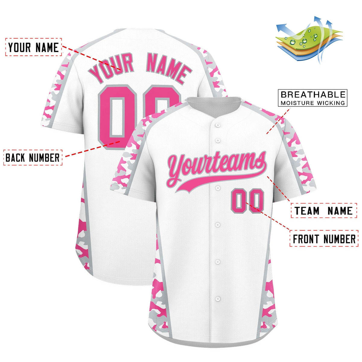 Custom White Pink Side Camo Style Personalization Baseball Jersey| KXKSHOP