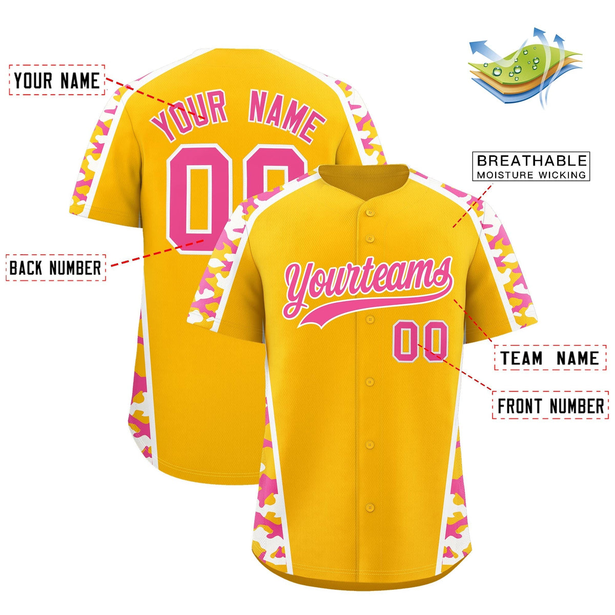 Custom Yellow Pink Side Camo Style Personalization Baseball Jersey| KXKSHOP