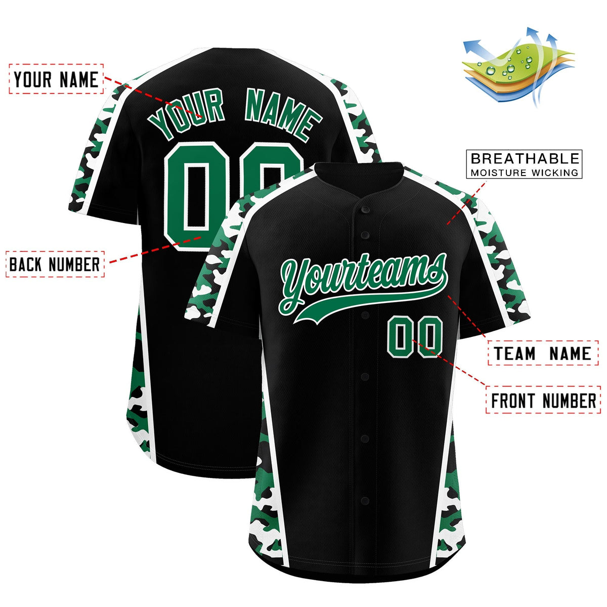 Custom Black Kelly Green Side Camo Style Personalization Baseball Jersey| KXKSHOP