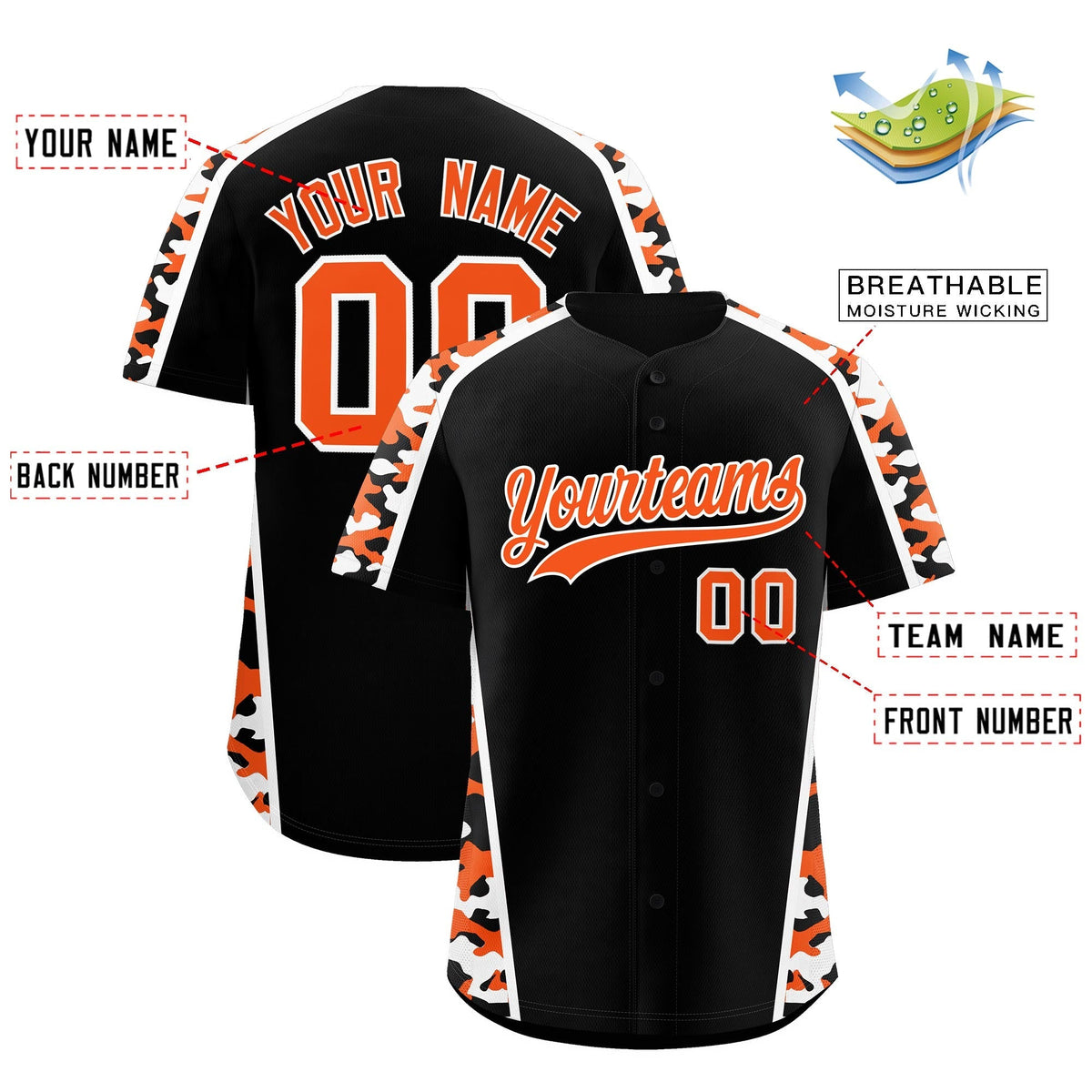 Custom Black Orange Side Camo Style Personalization Baseball Jersey| KXKSHOP