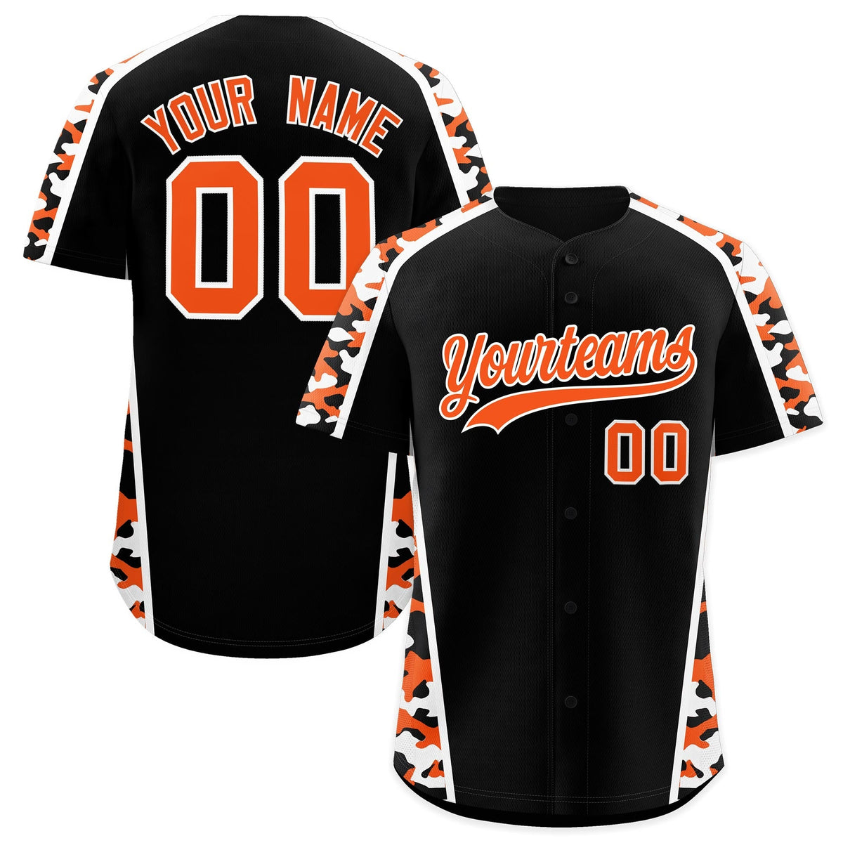 Custom Black Orange Side Camo Style Personalization Baseball Jersey| KXKSHOP
