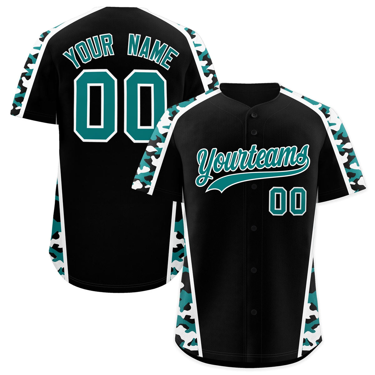 Custom Black Teal White Side Camo Style Personalization Baseball Jersey| KXKSHOP