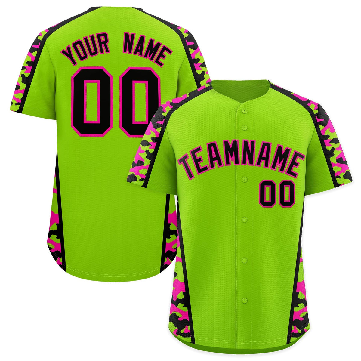 Custom Neon Green Black Pink Side Camo Style Personalization Baseball Jersey| KXKSHOP