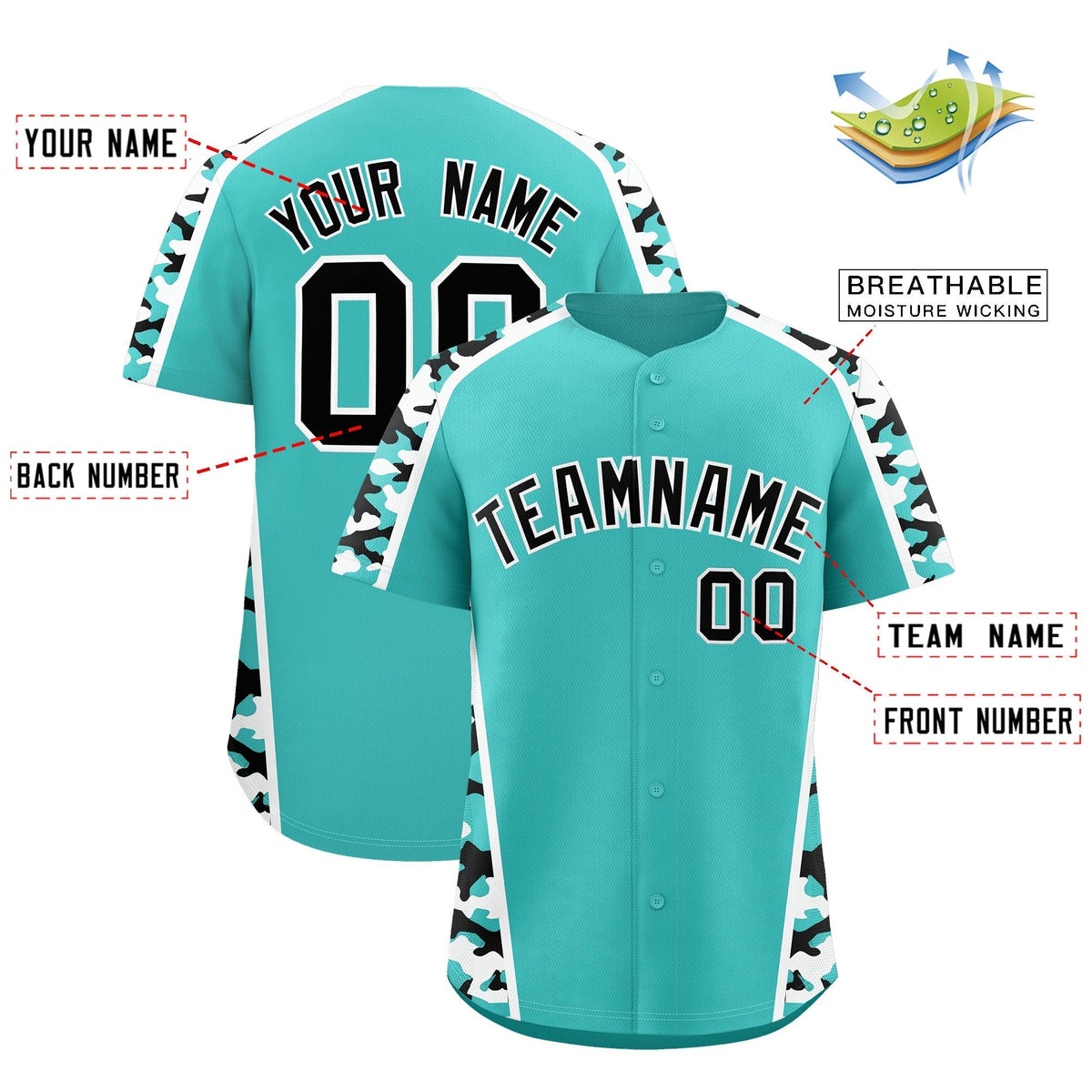 Custom Teal Black Side Camo Style Personalization Baseball Jersey| KXKSHOP
