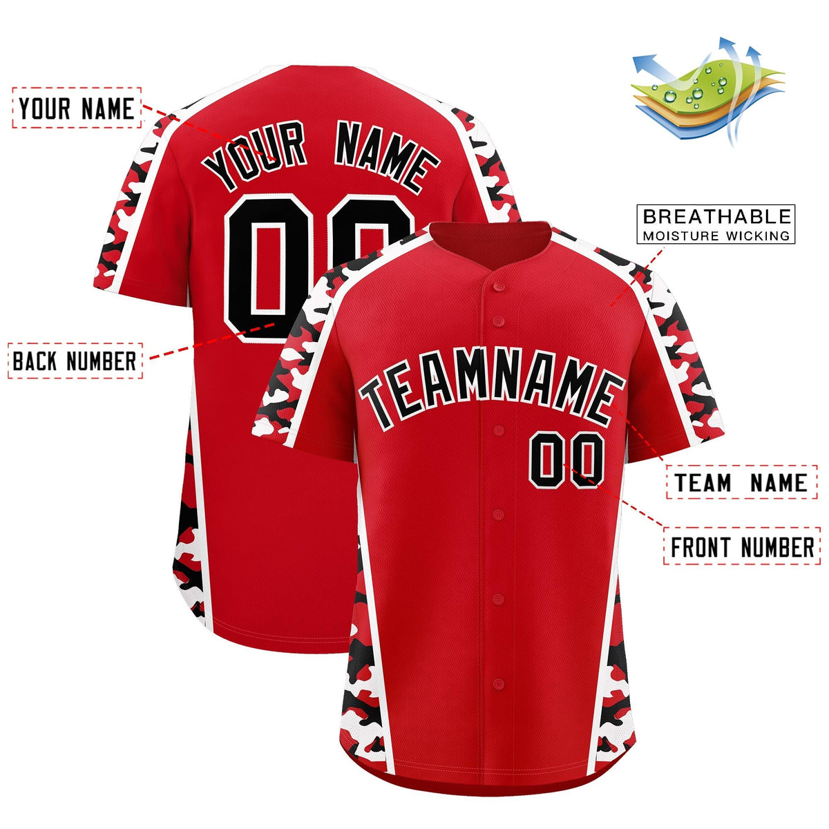 Custom Red Black Side Camo Style Personalization Baseball Jersey| KXKSHOP