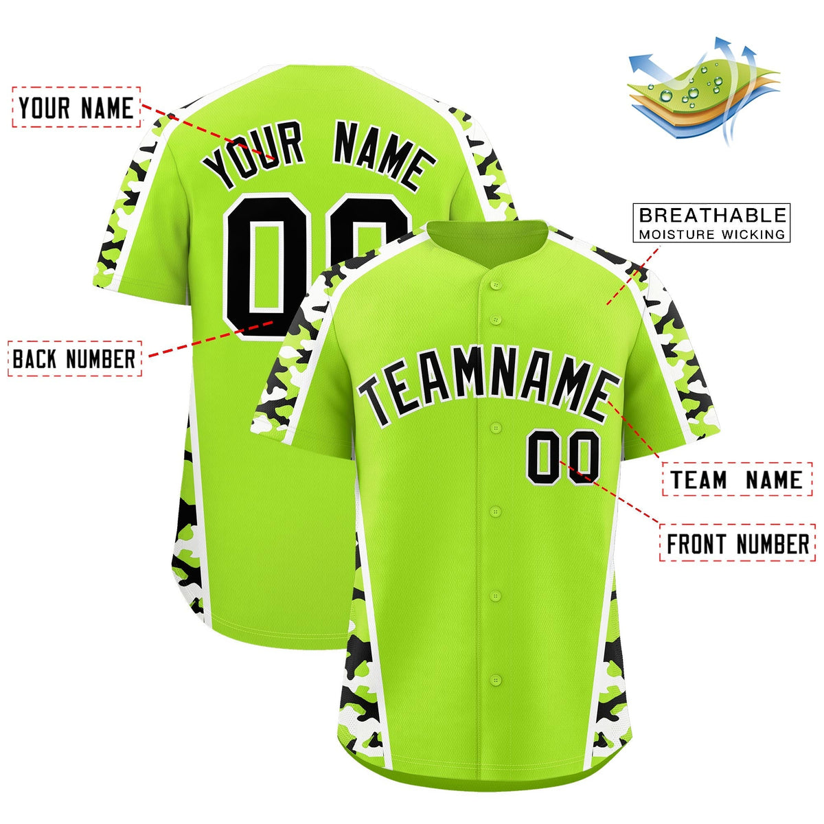 Custom Neon Green Black White Side Camo Style Personalization Baseball Jersey| KXKSHOP