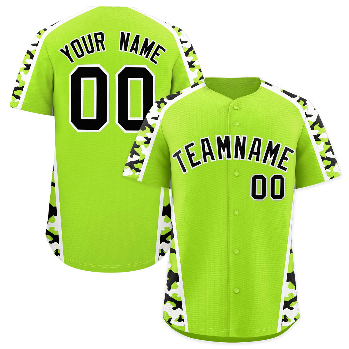 Custom Neon Green Black White Side Camo Style Personalization Baseball Jersey| KXKSHOP
