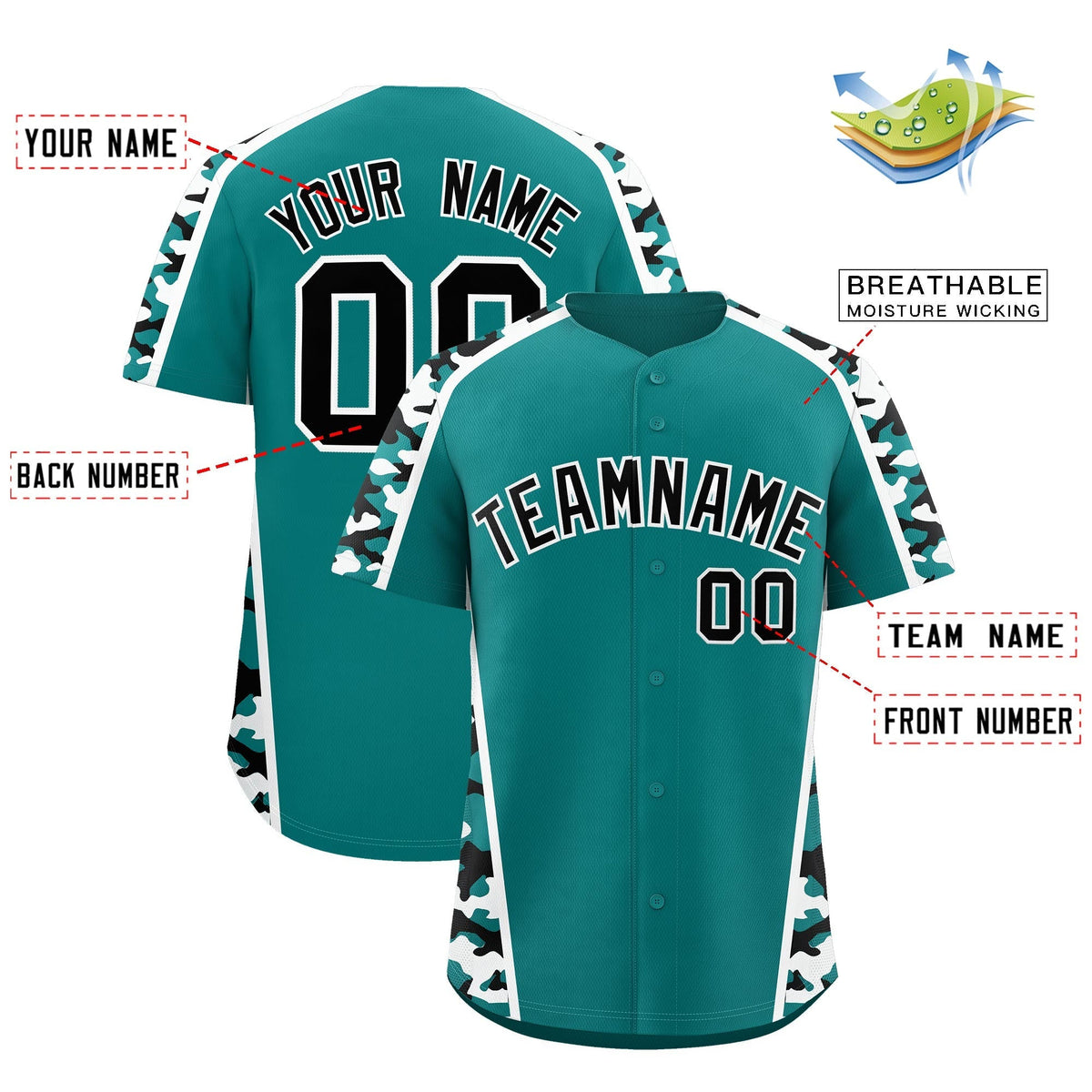 Custom Teal Black White Side Camo Style Personalization Baseball Jersey| KXKSHOP