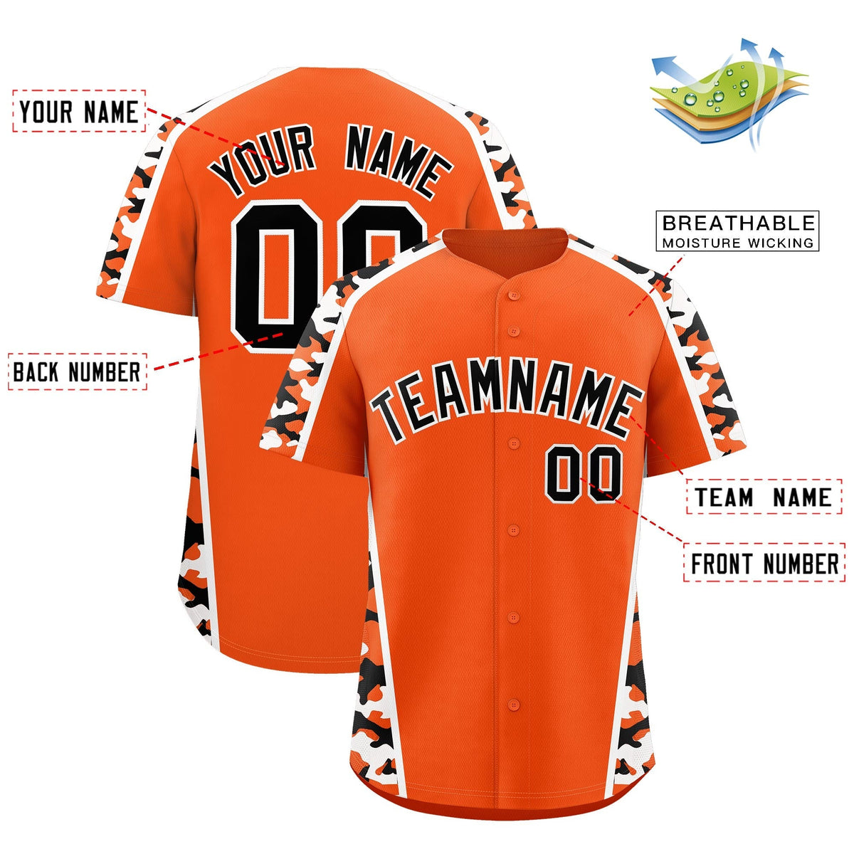 Custom Orange Black Side Camo Style Personalization Baseball Jersey| KXKSHOP