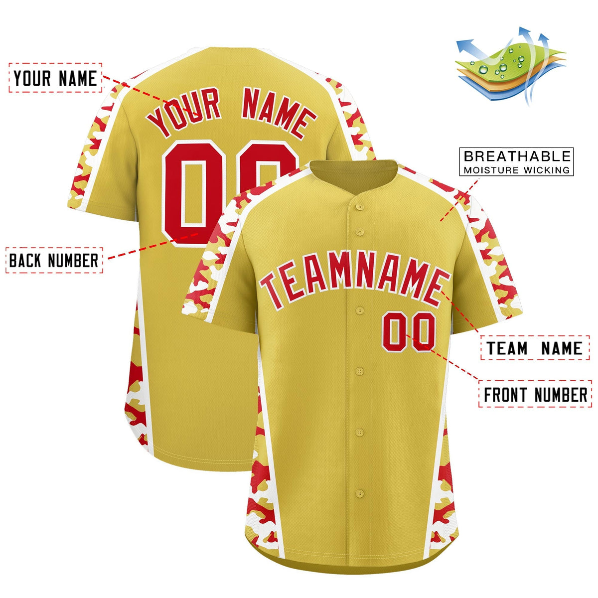 Custom Old Gold Red Side Camo Style Personalization Baseball Jersey| KXKSHOP