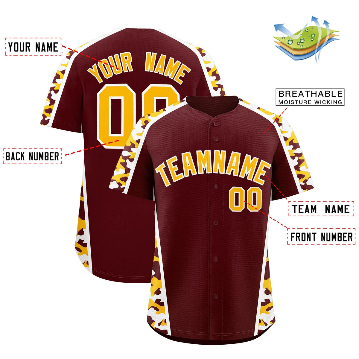 Custom Burgundy Yellow Side Camo Style Personalization Baseball Jersey| KXKSHOP
