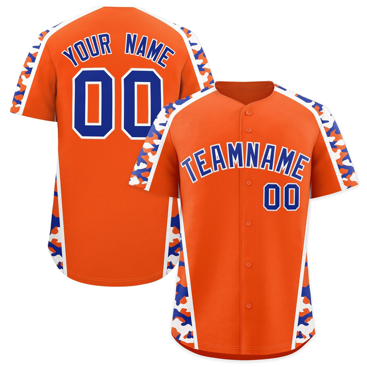 Custom Orange Royal Blue Side Camo Style Personalization Baseball Jersey| KXKSHOP