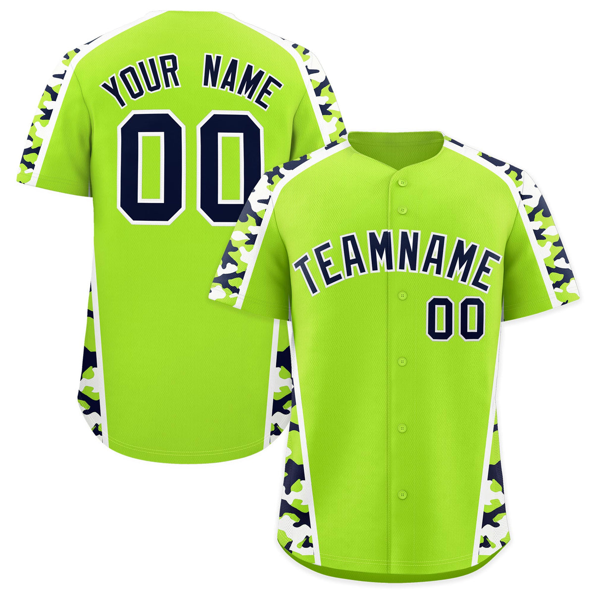 Custom Neon Green Navy Side Camo Style Personalization Baseball Jersey| KXKSHOP