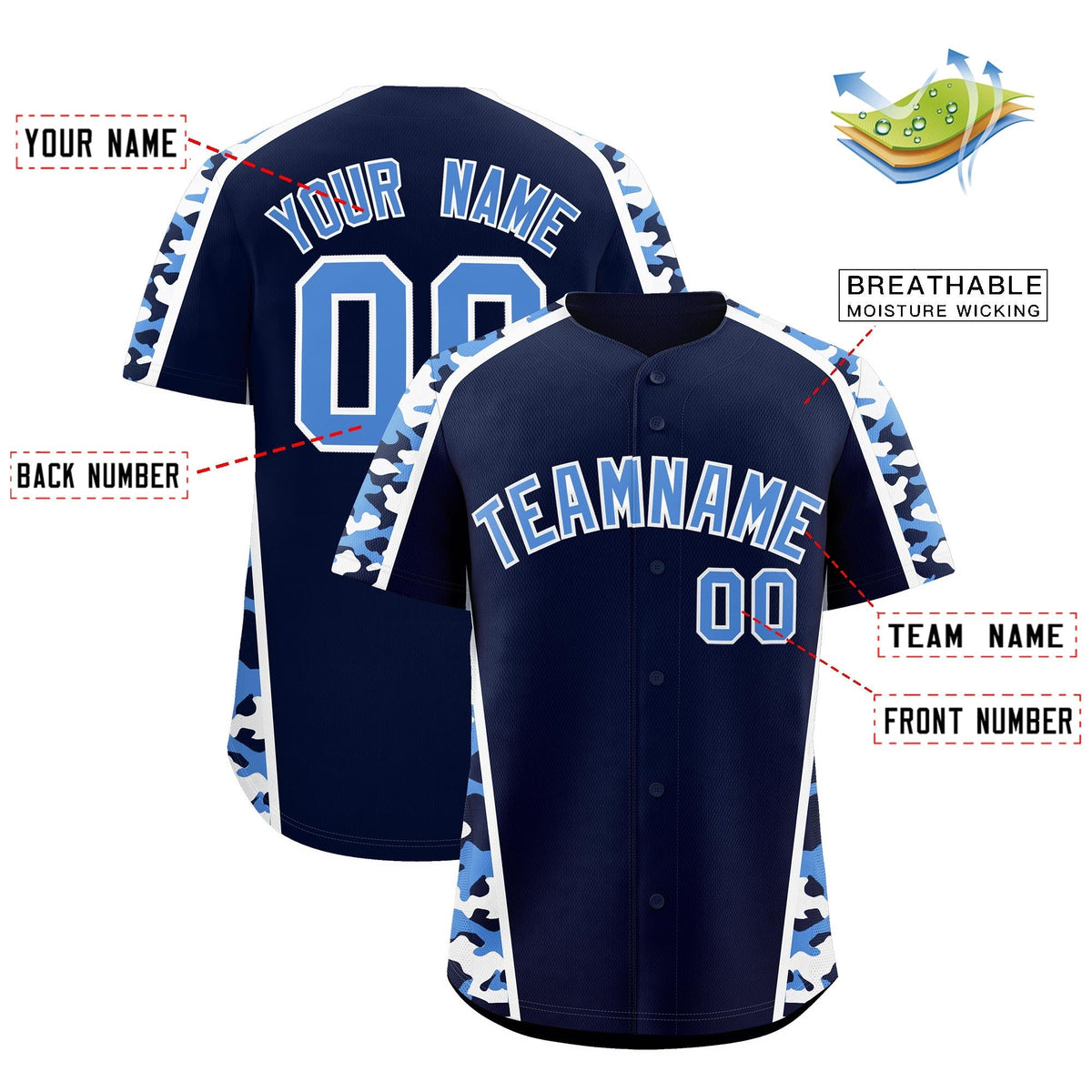 Custom Navy Powder Blue Side Camo Style Personalization Baseball Jersey| KXKSHOP