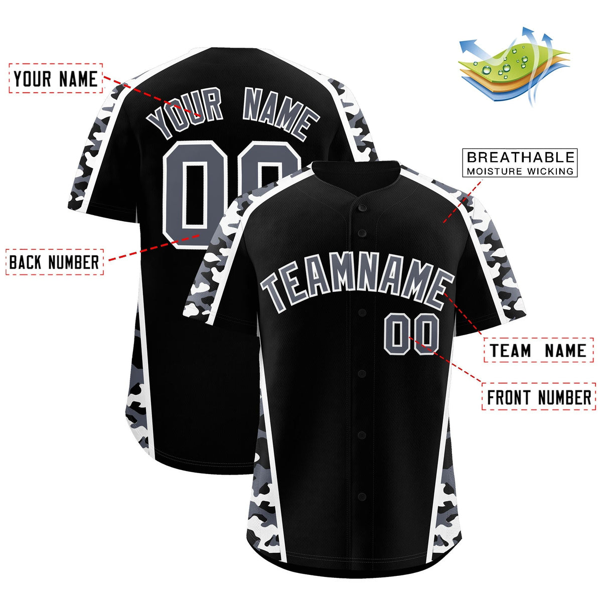 Custom Black Gray Side Camo Style Personalization Baseball Jersey| KXKSHOP