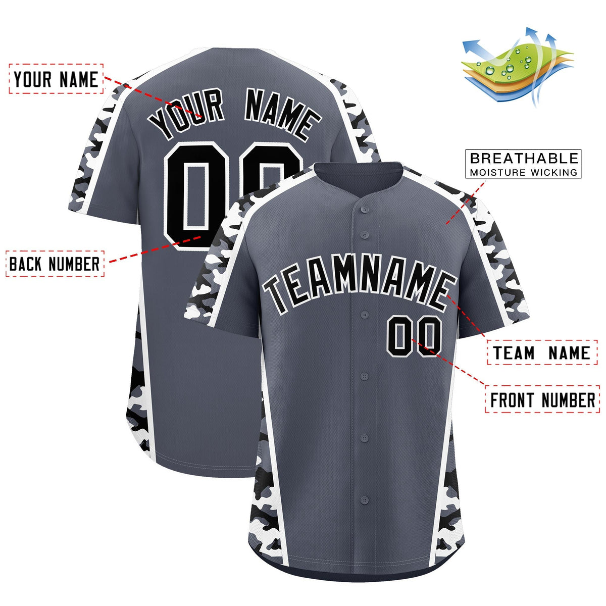Custom Gray Black Side Camo Style Personalization Baseball Jersey| KXKSHOP