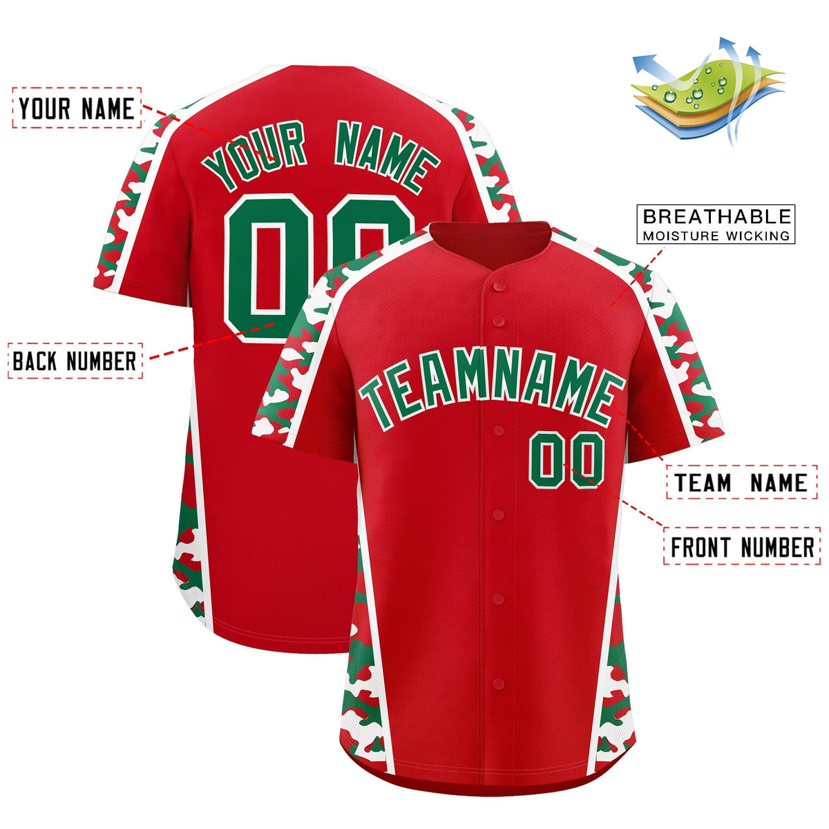 Custom Red Kelly Green Side Camo Style Personalization Baseball Jersey| KXKSHOP