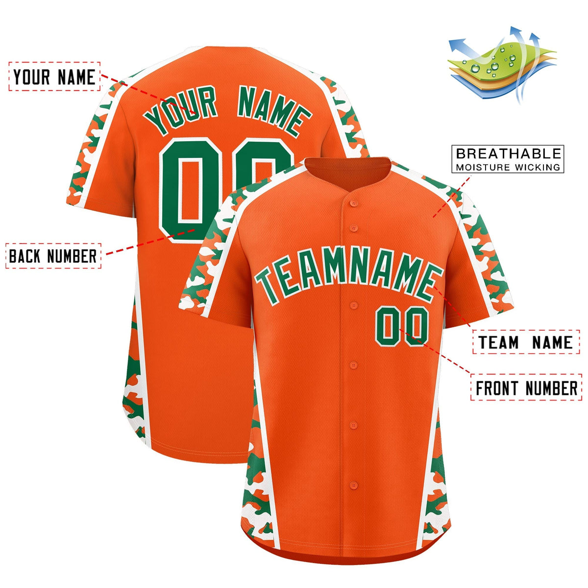 Custom Orange Kelly Green Side Camo Style Personalization Baseball Jersey| KXKSHOP