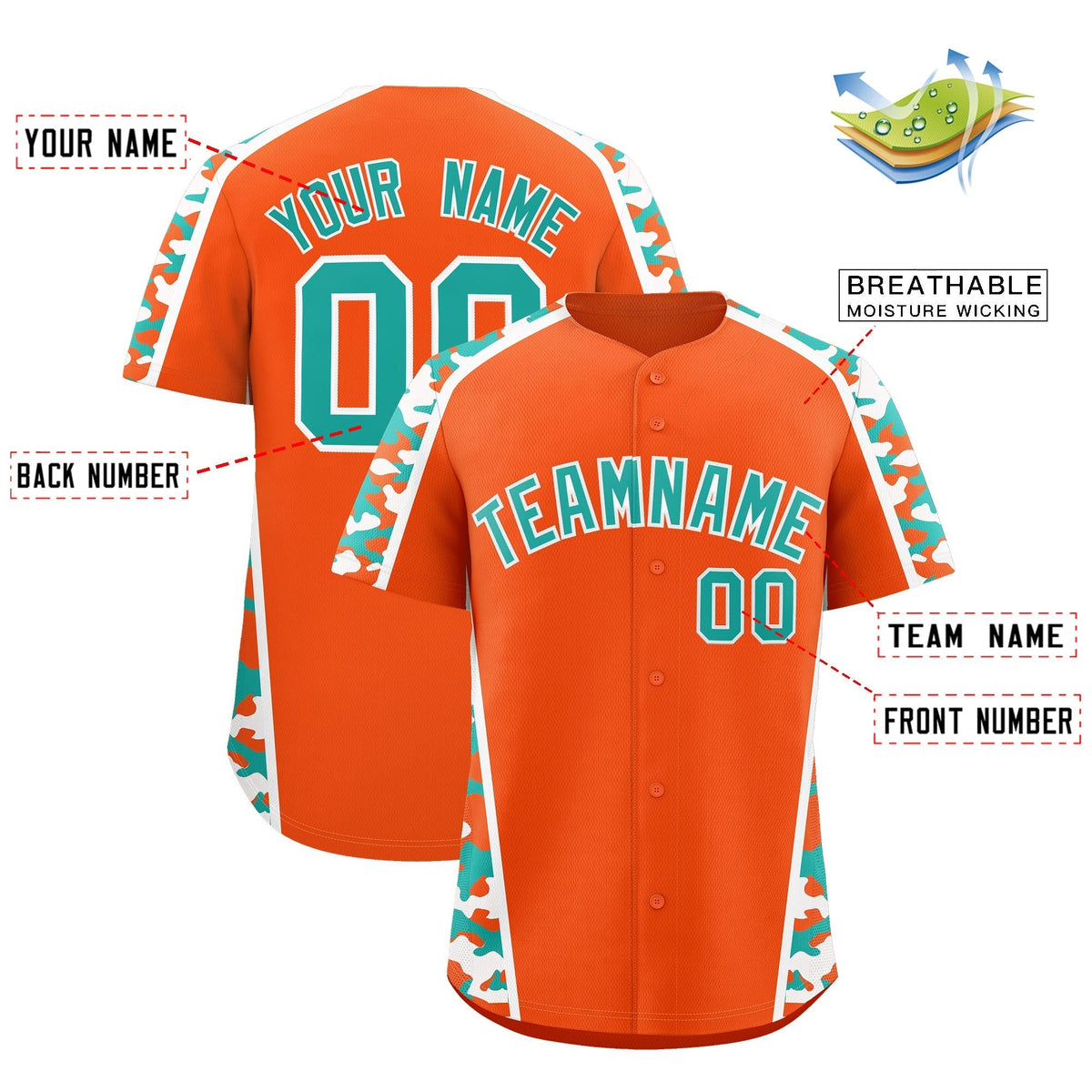 Custom Orange Aqua Side Camo Style Personalization Baseball Jersey| KXKSHOP