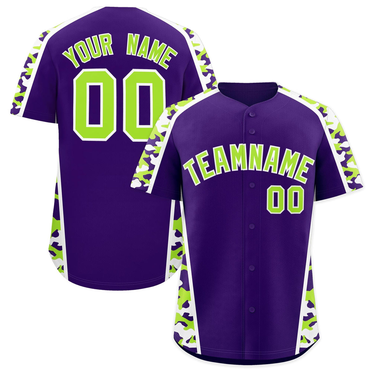 Custom Purple Neon Green Side Camo Style Personalization Baseball Jersey| KXKSHOP