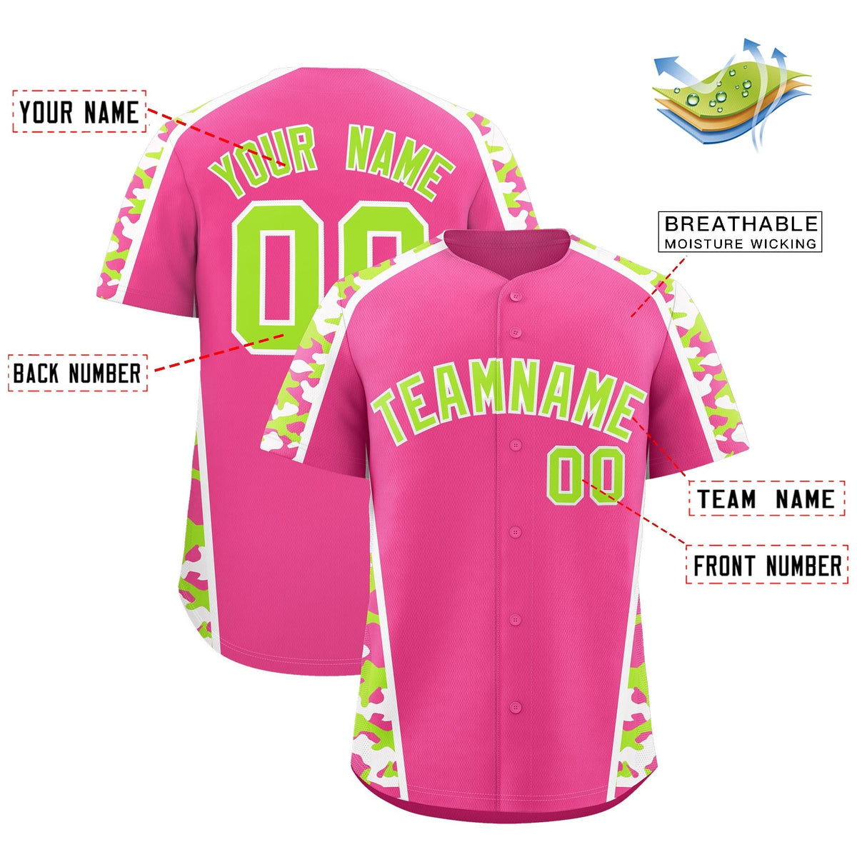 Custom Pink Neon Green Side Camo Style Personalization Baseball Jersey| KXKSHOP