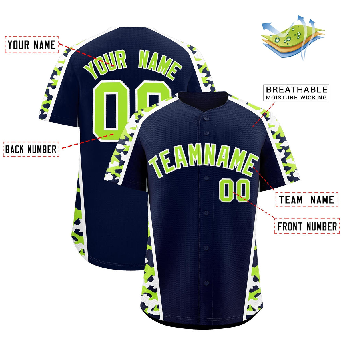 Custom Navy Neon Green Side Camo Style Personalization Baseball Jersey| KXKSHOP