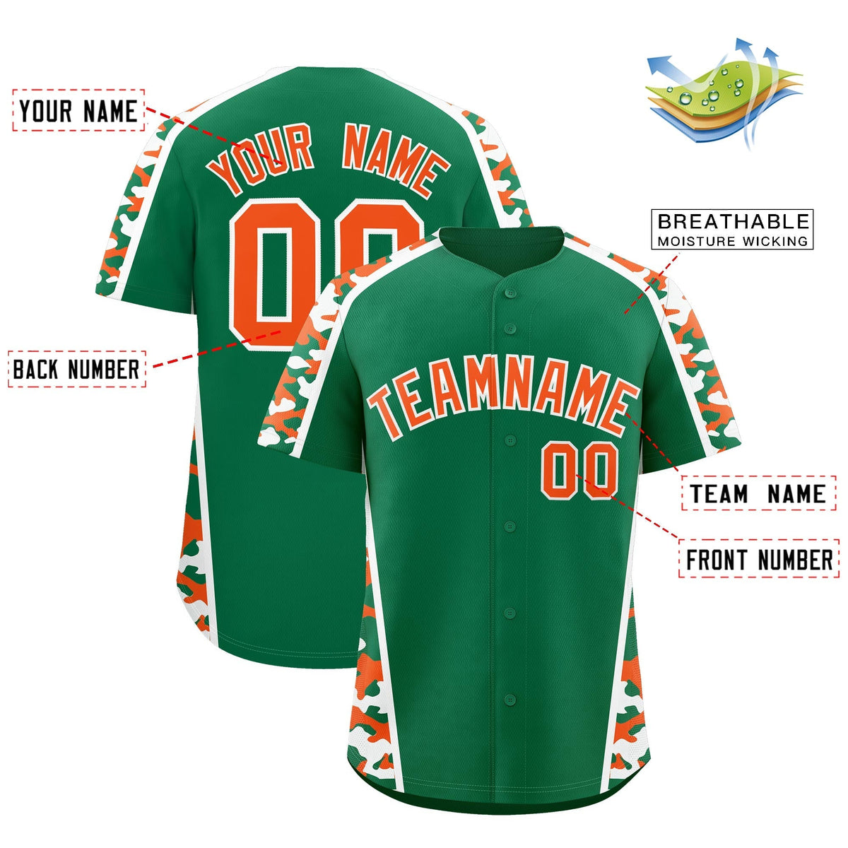Custom Kelly Green Orange Side Camo Style Personalization Baseball Jersey| KXKSHOP