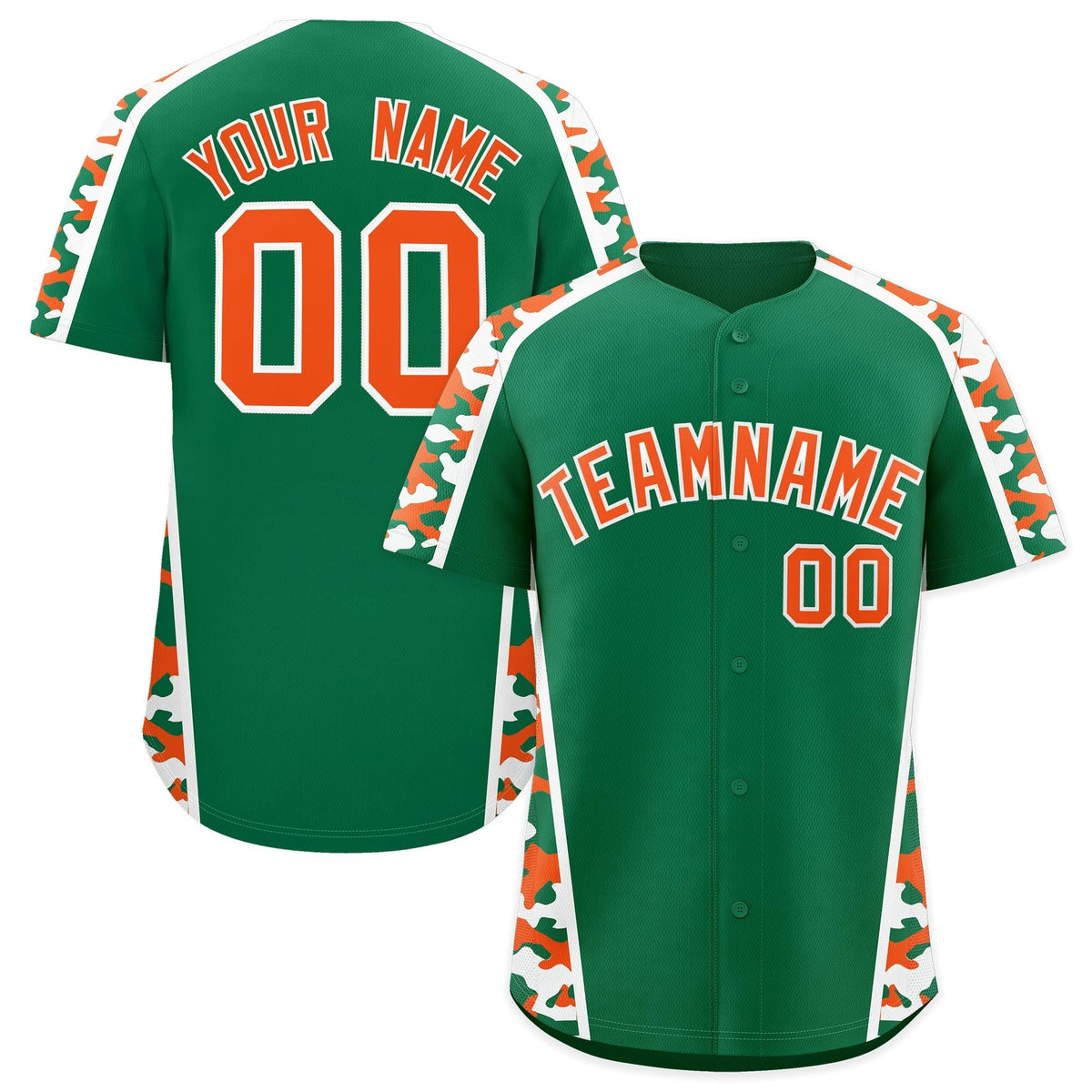 Custom Kelly Green Orange Side Camo Style Personalization Baseball Jersey| KXKSHOP