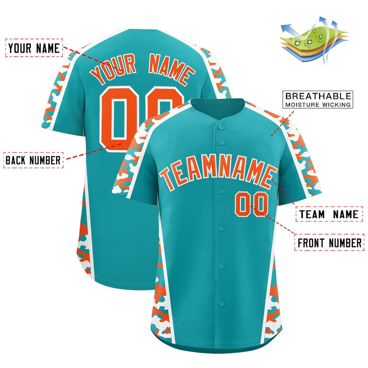 Custom Aqua Orange Side Camo Style Personalization Baseball Jersey| KXKSHOP