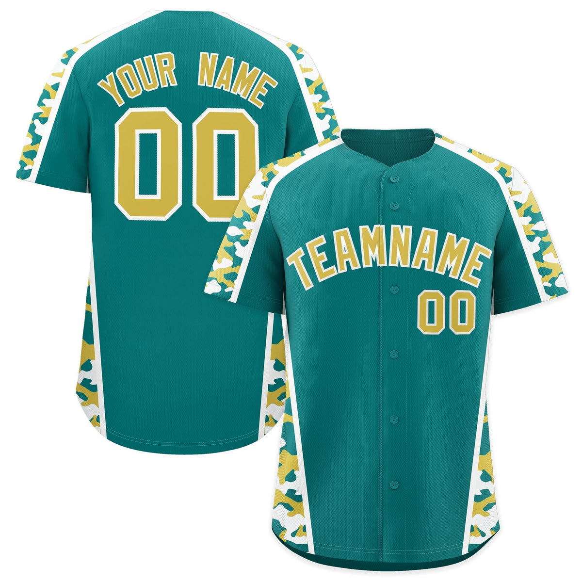 Custom Teal Old Gold Side Camo Style Personalization Baseball Jersey| KXKSHOP