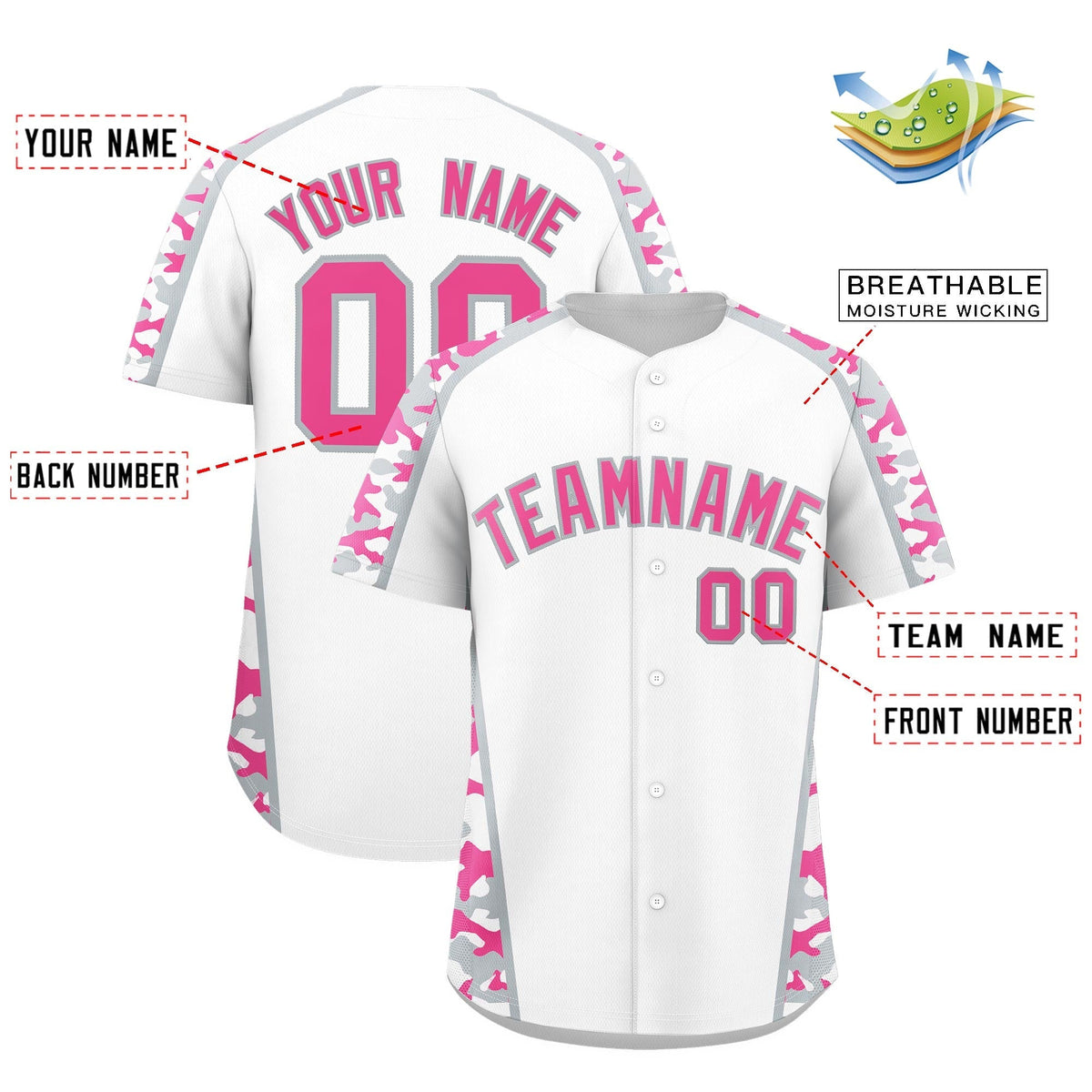 Custom White Pink Side Camo Style Personalization Baseball Jersey| KXKSHOP
