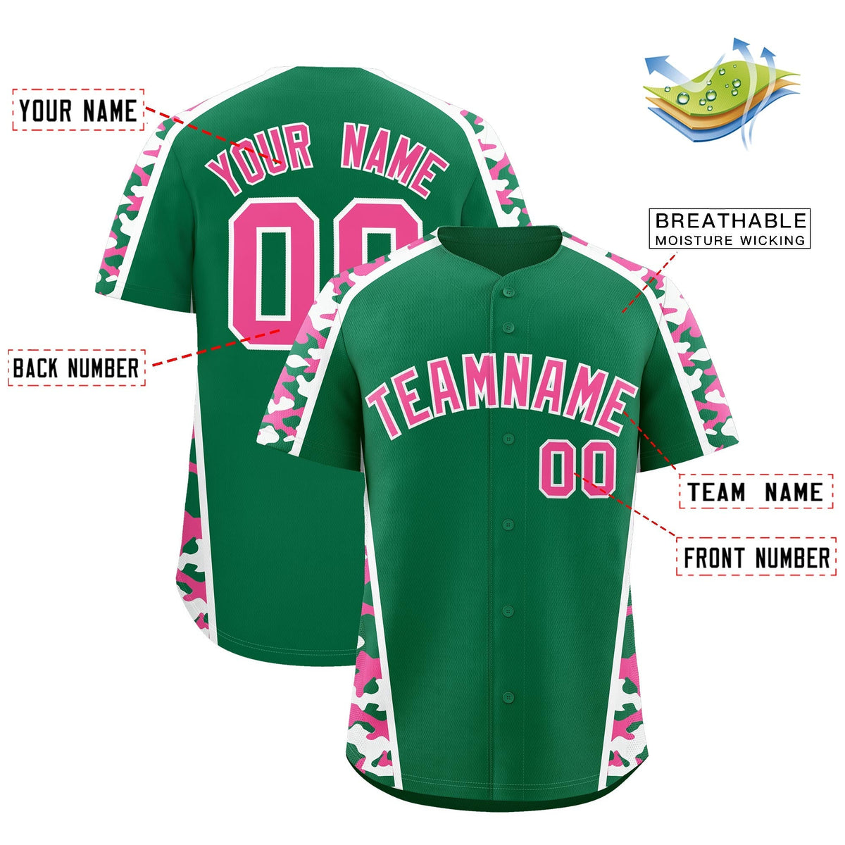 Custom Kelly Green Pink Side Camo Style Personalization Baseball Jersey| KXKSHOP