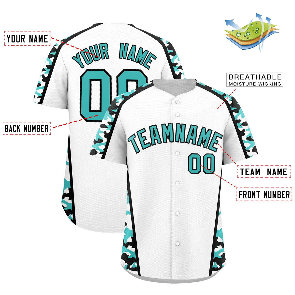 Custom White Teal Side Camo Style Personalization Baseball Jersey| KXKSHOP