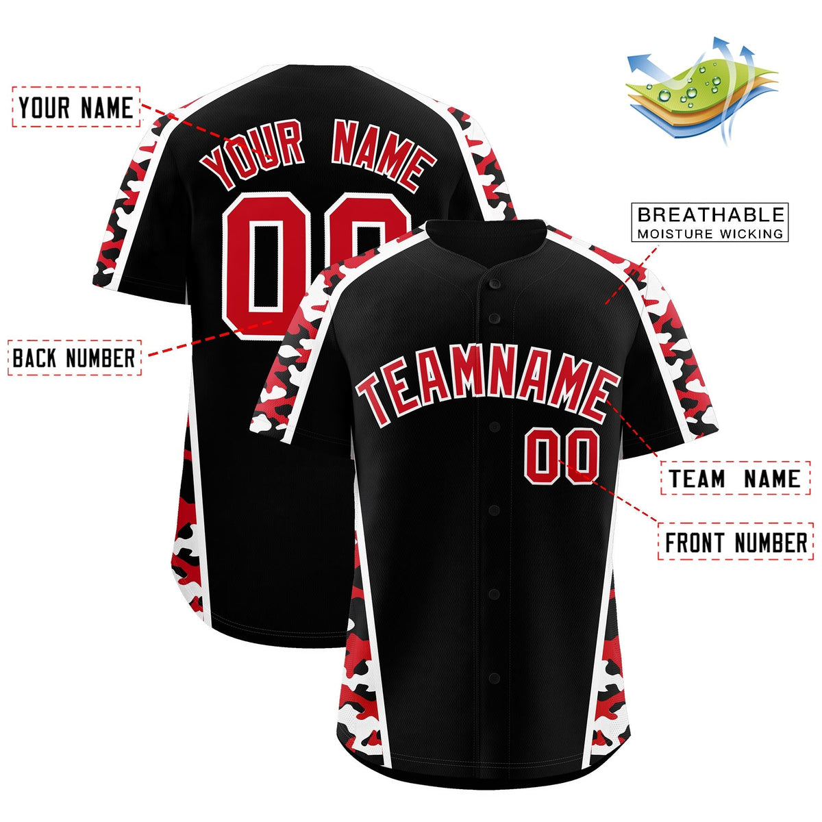 Custom Black Red Side Camo Style Personalization Baseball Jersey| KXKSHOP