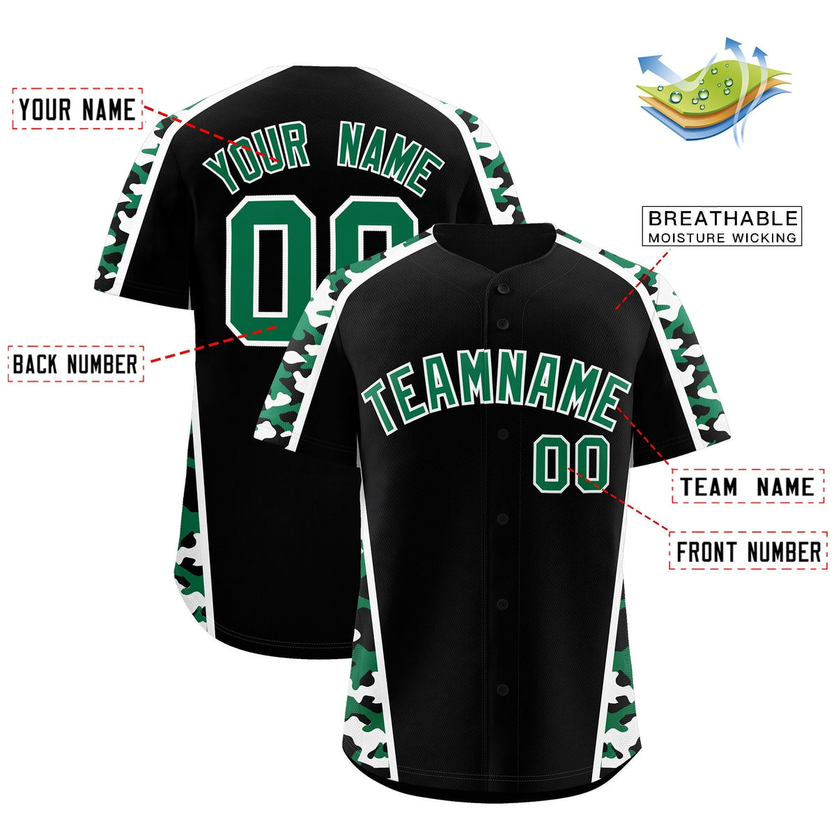 Custom Black Kelly Green Side Camo Style Personalization Baseball Jersey| KXKSHOP