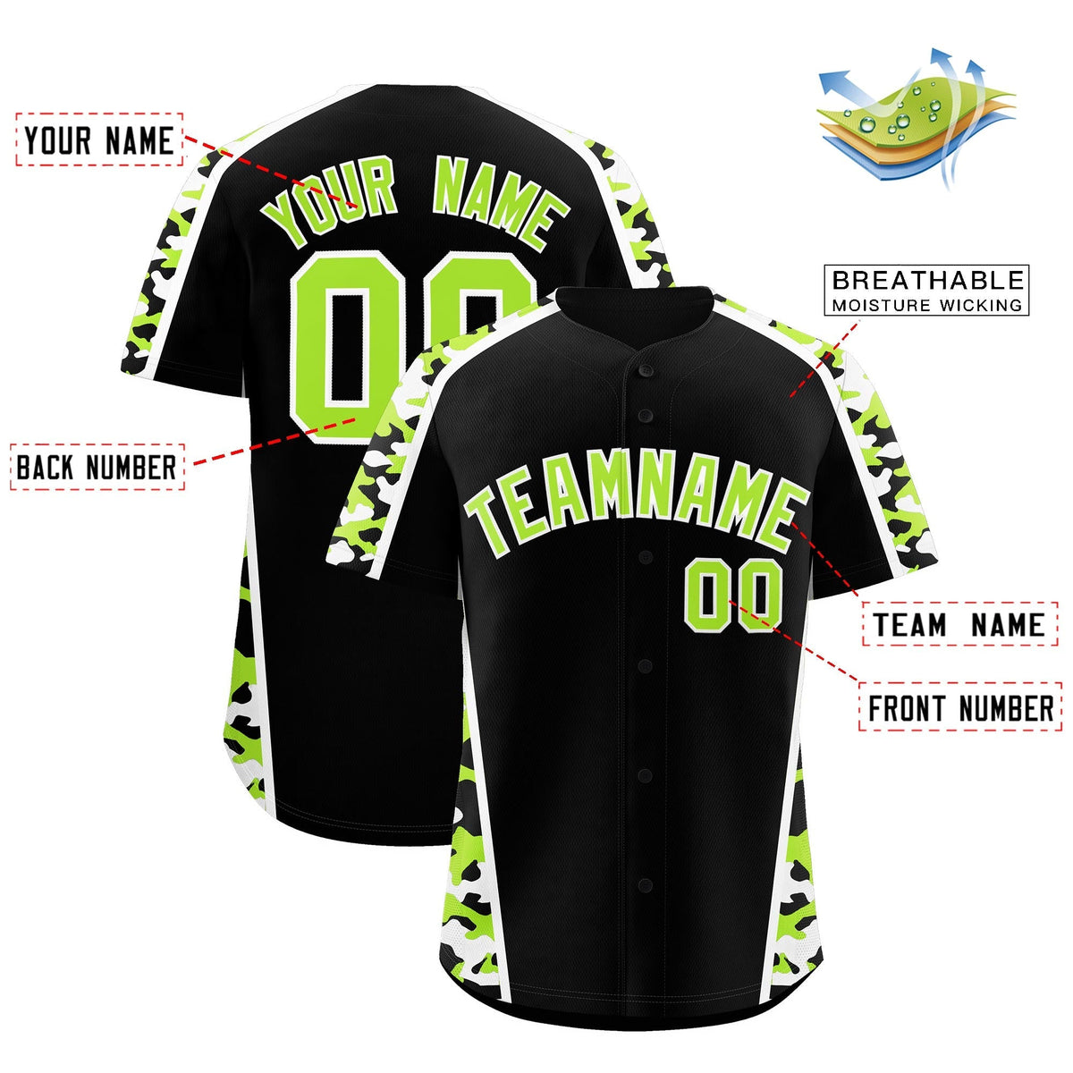 Custom Black Neon Green Side Camo Style Personalization Baseball Jersey| KXKSHOP
