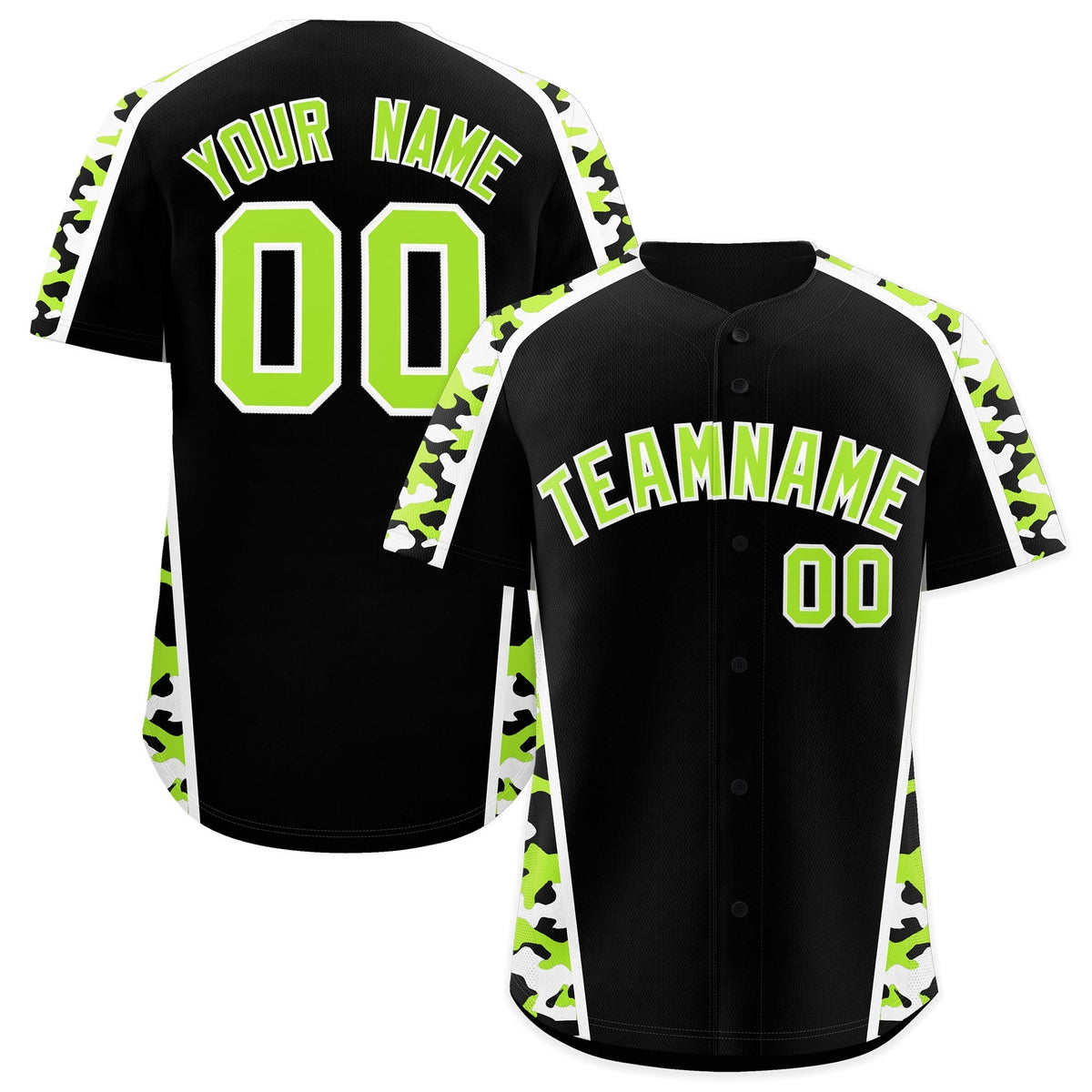 Custom Black Neon Green Side Camo Style Personalization Baseball Jersey| KXKSHOP