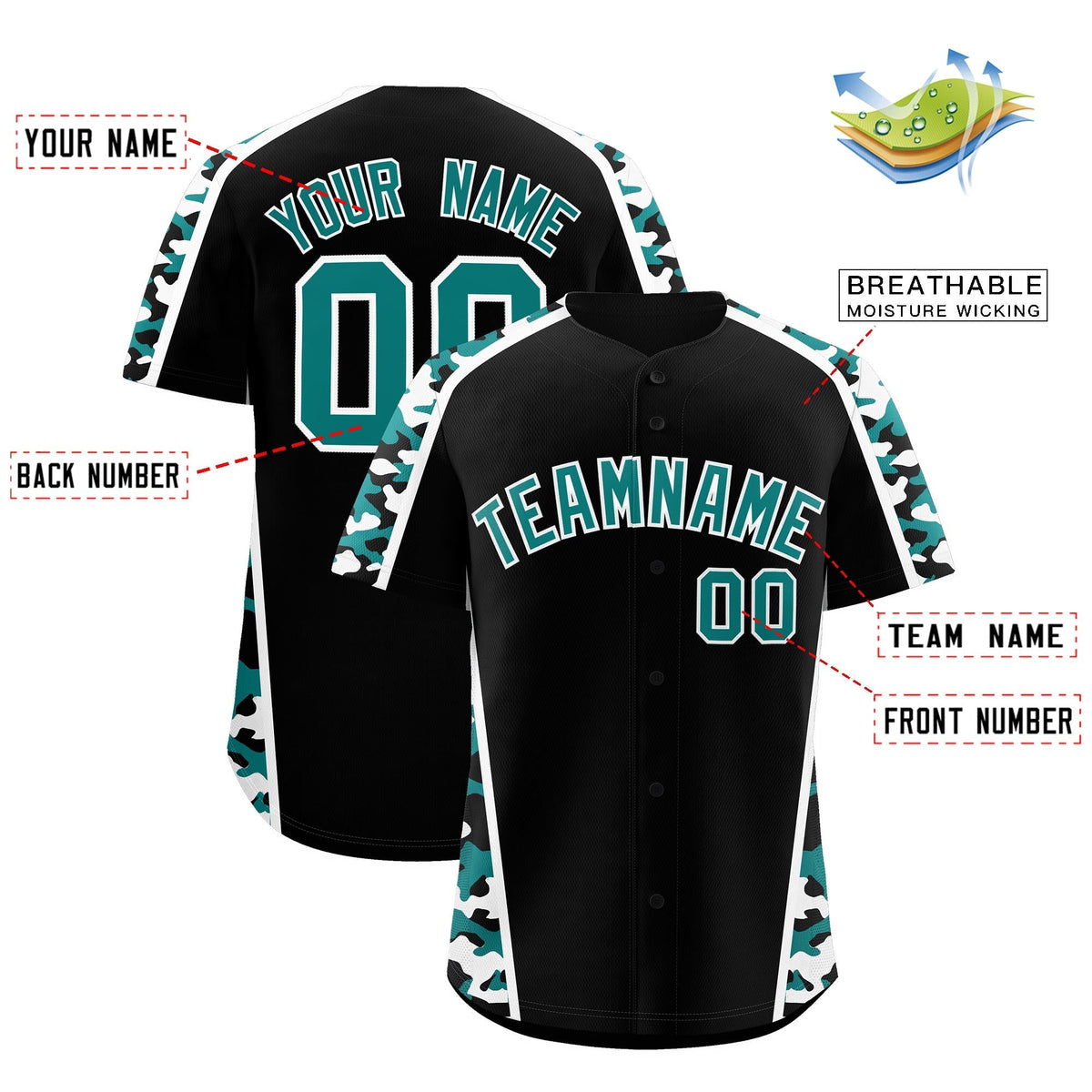 Custom Black Teal White Side Camo Style Personalization Baseball Jersey| KXKSHOP