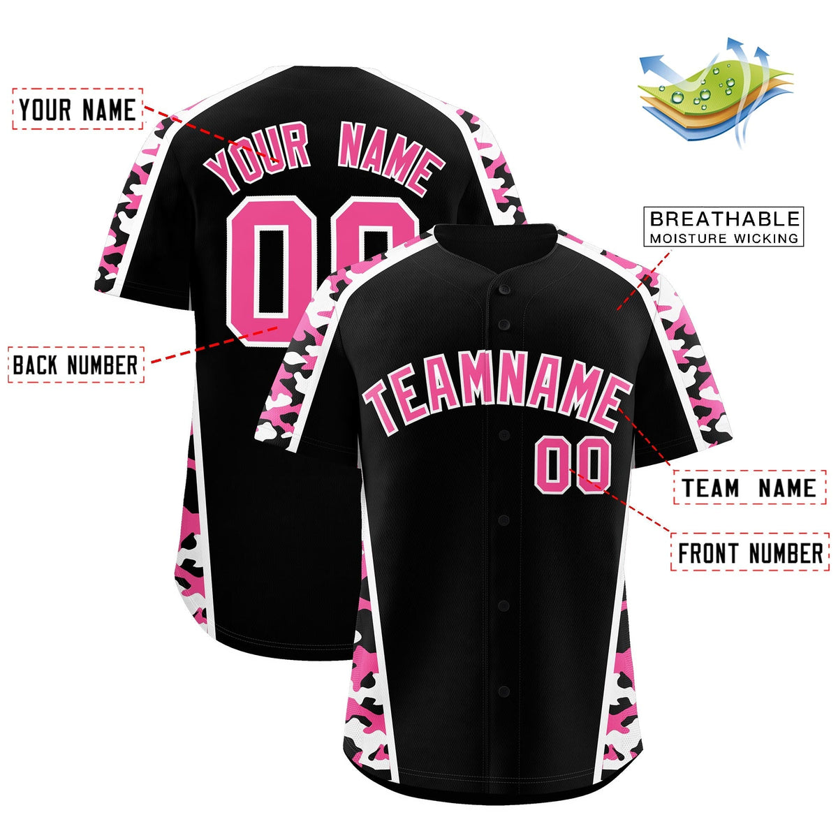 Custom Black Pink Side Camo Style Personalization Baseball Jersey| KXKSHOP